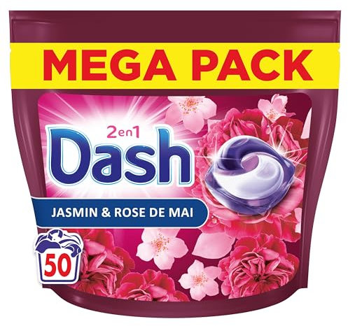 Dash 2en1 PODS Jasmin et Rose de Mai, 50 Lavages, Lessive Capsules 3-en-1, 3 Semaines de Fraîcheur avec Lenor, Notes Florales et Baies Rouges, Efficace en Cycle Froid, Fabriquée en France