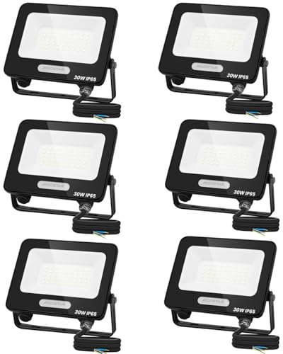 Aigostar LED Strahler Außen Innen 30W 2450LM 6500K Kaltweiss IP65, 6 PCS | Scheinwerfer IP65 Wasserdicht LED Außenstrahler für Hell Garten Garage Sportplatz Hof Fluter