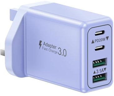 Suiwel 40W 4-Port UK USB Charger Plug, Multiport Type C Charging Plug for iPhone 17-11, Samsung Galaxy, iPad