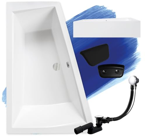 BADLAND Premium Set 5in1 Badewanne Eckwanne Acryl Weiß Wanne INTIMA 180x125 cm Links, Made in EU + Verkleidung (AcrylSchürze) + Nackenkissen KODI, Moderne Design, mit Ablaufgarnitur und Füßen
