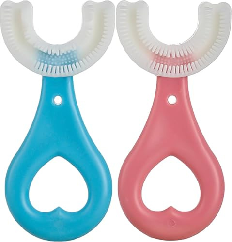 Dongdaping 2er-Pack Kinder-Zahnbürsten in U-Form mit 360°-Rundum-Reinigungs-Silikonborsten für 2-6 Jahre (Blau und Rosa)