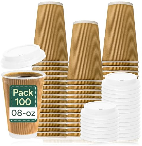 Zuvo - 100 x 8oz Disposable Coffee Cups with Lids | Triple Wall Ripple Kraft Paper Cups | Brown Insulated Hot Drink Cups | Strong, Leakproof Takeaway Cups for Coffee, Tea & Cold Beverages