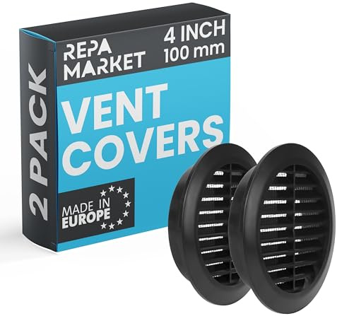 Repa Market 100mm Pack of 2 Black Vent Cover with Mesh Screen - Plastic Soffit Ventilation Grill - Louvered Vent for Indoor, Outdoor Wall Ducting - HVAC Louvre Grille for Kitchen, Bathroom
