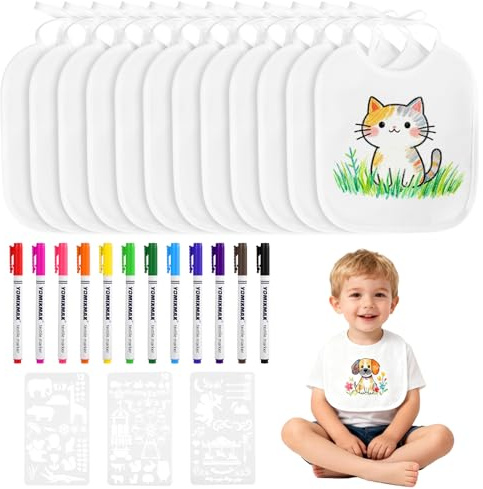 Zorplex 12 Stycken Haklappar för Målning, Dubbelsidiga och Vattentäta, med 12 Textilpennor och 3 Målarmallar, Kreativa DIY-Gåvor För Babyshower, Unisex, Babyshower Party