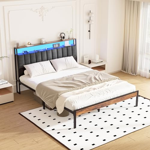 DEWINNER Bettrahmen 160 x 200, mit Metallgestell, 2-Personen-Bett, mit LED und Mehrfachsteckdosen (1 Steckdose, 2 USB-Anschlüsse), Doppelbett, mit Schrank, Höhe 26,5 cm, Vintage-Farben und grau