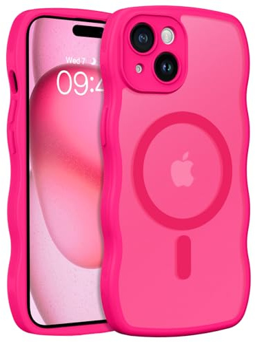 Telaso Coque Magnétique pour iPhone 15, 6,1 Pouces, Compatible avec MagSafe,Coque iphone 15 ondulée Forme Bouclée Etui Translucide Mat Arrière Housse Fine Antichoc Case, Fuchsia