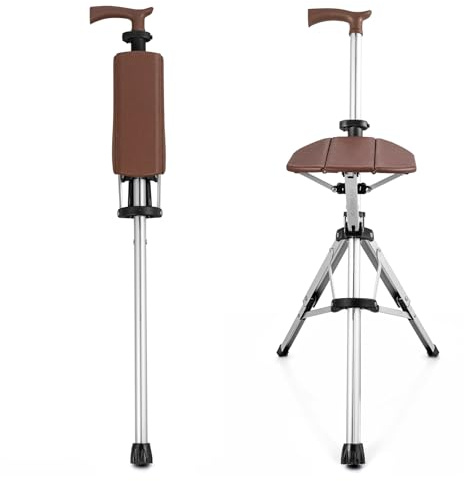 Folding Crutch Seat Combination Aluminum Alloy Foldable Crutch with Seat, Adjustable Foldable Walking Cane Stool for Elderly Men, Adults And Convalescent People Crutch Chair One-Button Foldable