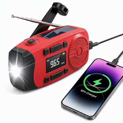 Solarkurbel-Notfallradio mit LCD-Display, 7400mWh Powerbank & 3-in-1 Taschenlampe mit SOS-Alarm, AM/FM Radio, USB/Solar/Handkurbel, Kompakte Überlebensausrüstung für Camping & Haus