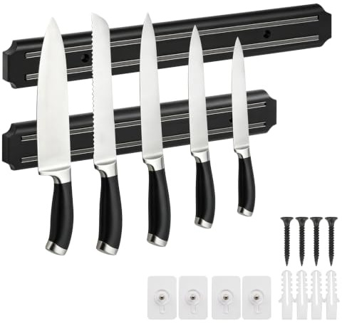 LIUCONGBD 2 stycken knivblock magnetisk 33 & 38 cm, rostfritt stål magnetlist kniv med extra stark magnet, kan installeras utan borrning, knivhållare magnetisk för kök och verktyg