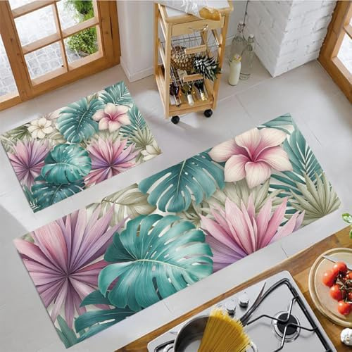 Tappetini Da Cucina Monstera Deliziosa Frangipani per Pavimento, Piante Fresche Ad Acquerello, Comodi, Lavabili, Antiscivolo, Per Lavelli Da Cucina, Lavanderia E Bagno, 2 Pezzi, 40x60cm+40x120cm