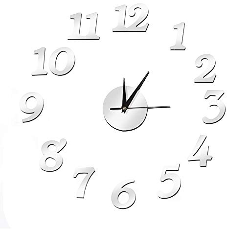 Orologio da Parete 3D Autoadesivo Grande, Orologio Silenzioso senza Cornice con Specchio Acrilico, Adesivo Murale Fai da Te per Soggiorno Camera Letto, Argento