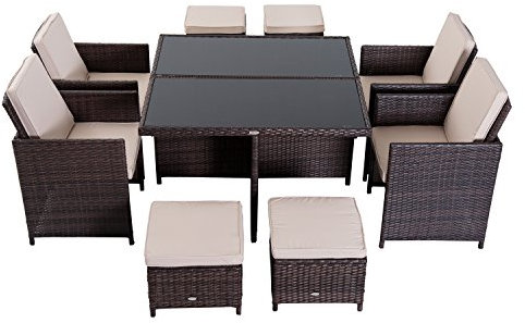 Outsunny 9PC Rattan Garden Furniture Set 8-seater Wicker Outdoor Dining Set Chairs + Footrest + Table Thick Cushion - Brown