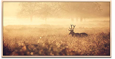 Felder Hirsch Geweih Bild ca. 130x70cm Wandbild inklusive Schattenfugenrahmen naturfarbend - Panorama Leinwand Bild XXL Format Wandbilder Wohnzimmer Wohnung Deko Kunstdrucke