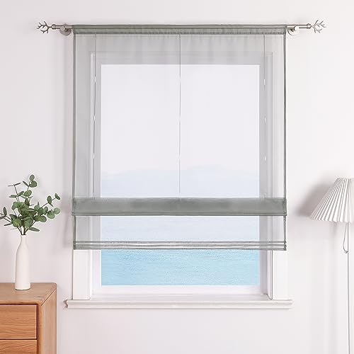 ESLIR Raffrollo, Küche Raffgardine mit Tunnelzug, Hellgrau BxH 80x155cm | Bändchenrollo, Voile Gardinen Transparent, 1 Stück