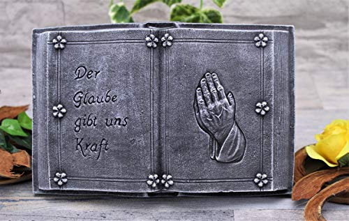 STEINFIGUREN SPICKER Steinfigur Grabschmuck Steinguss Buch Inschrift: Der Glaube gibt Uns Kraft 194/1 Basaltgrau