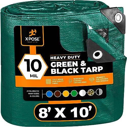 Lona de Polietileno Resistente de 8 pies x 10 pies, 10 mil de Grosor, Impermeable, Cubierta Protectora con Bloqueo UV, Reversible, Verde y Negro, Revestimiento Laminado, Ojales Xpose Safety