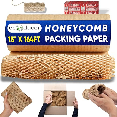 ecoducer 15”x164’ Honeycomb Packing Paper Moving Supplies with 48 Fragile Stickers &100 ft Jute Twine. Eco Friendly Bubble Cushioning Wrap Packing Material. Biodegradable Shipping Supplies.