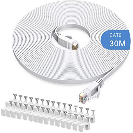 Gulaey 30m Cat6 Ethernet Cable, Long Internet Cables High-Speed Patch Cord Flat Design 1Gbps for 250Mhz/s UTP for Console, PS3, PS4, PS5, Switch, Router, Modem, Patch Panel, PC, TV, Home Office