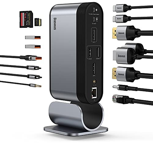Baseus Docking Station Universale USB C a Quadrupla Display con 2 HDMI&2 DP, 3 USB 3.0, Audio, Gigabit Ethernet, Lettore di schede SD/TF, per Windows, Mac, Laptop