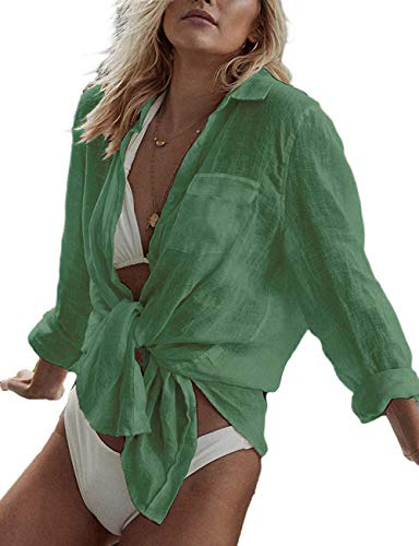 Bsubseach Womens Long Sleeve Button Down Beach Coverups Shirt Green