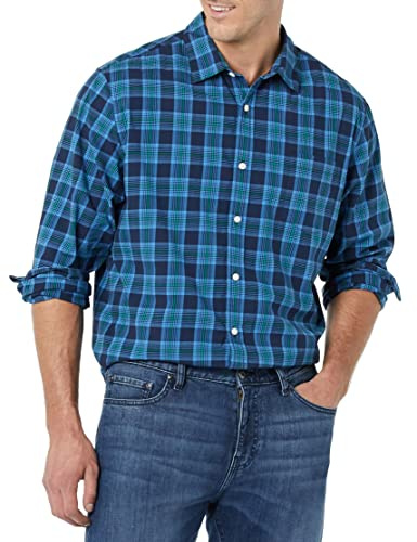 Amazon Essentials Men's Long-Sleeve Regular-Fit Stretch Poplin Shirt Shirt, -Navy/Indigo, Plaid, Medium