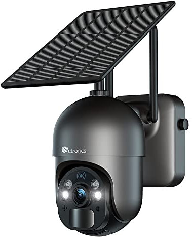 ctronics 2.5K 4MP Überwachungskamera Aussen mit Solarpanel, 2560×1440P PTZ WLAN IP Kamera Outdoor mit 10000mAh Akku, 355°/95° Schwenkbar, PIR Personenerkennung, Farbige Nachtsicht mit Spotlight, IP66