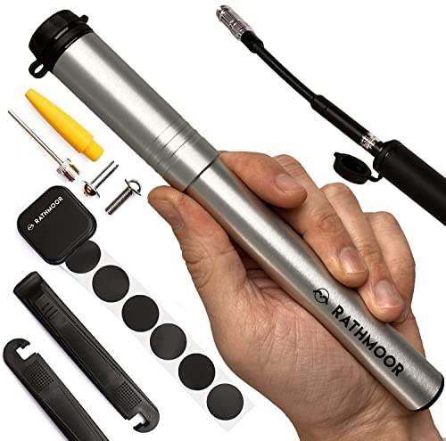 Rathmoor CNC-gefräste Fahrrad-Minipumpe mit Inline-Messgerät und leimlosem Reparaturset (Silber)