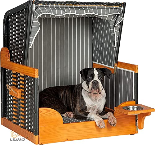 LILIMO - Hunde Strandkorb Bruno S | Geflecht: anthrazit | Bezug: grau-weiß Nadelstreifen | inkl. Wassernapf | Hundebett für kleine Haustiere mit maritimen Flair für den Indoor und Outdoor Bereich