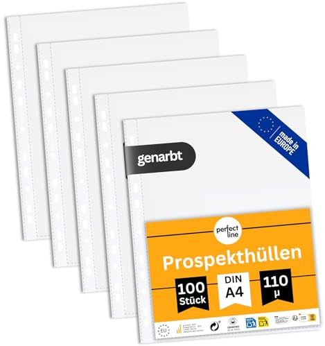 perfect line – 100 fundas A4, extrafuertes (110 µ), granuladas, sin ácidos, indelebles para documentos, resistentes a desgarros, apertura superior, fundas transparentes, fabricadas en la UE