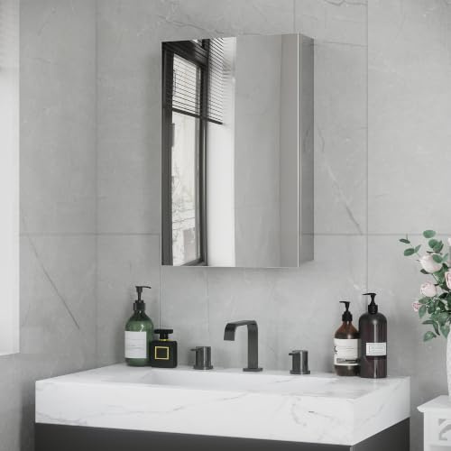 kleankin Armoire Miroir de Salle de Bain 2 étagères 39L x 12l x 60H cm | Acier Inoxydable, Armoire Murale de Toilette, 1 Porte Miroir