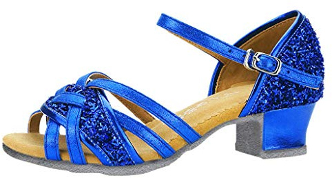 IQYU Chaussures de danse latine pour fille - Avec talon - Chaussures d'été - Chaussures de fête pour fille - Chaussures de danse standard / danse de salon - Tango, bleu, 33 EU