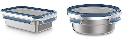 Emsa Clip & Close Edelstahl Frischhaltedosen Set | Rechteckig 0,5 L & Rund 0,7 L | Blau