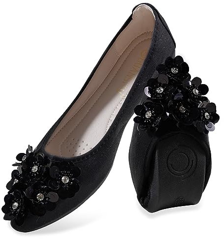 MACHSWON Ballet Flats for Women Comfortable Women's Flats Sparkly Flower Rhinestone Slip on Pointed Toe Flats Shoes Women(Black 3, Size 5)