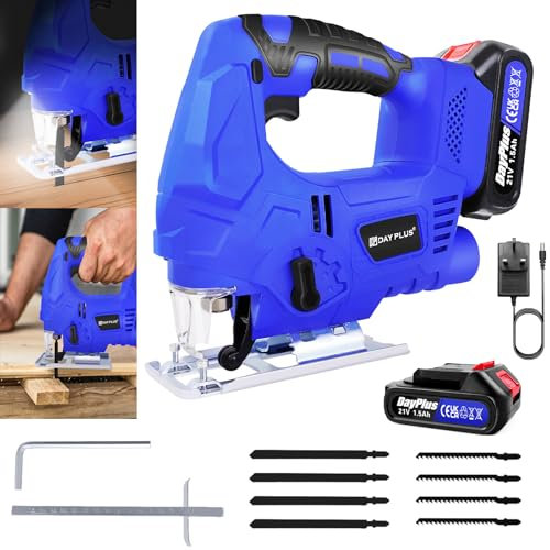 21V Cordless Jigsaw Wood Cutter Electric Saw Power Tool with 8pcs Blades, 3000 SPM Battery Powered Brushless Wood Saw with LED Light 1500mAh Battery and Charger, Portable Jig Saw for Home Improvement