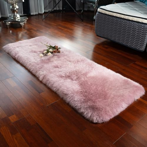LLB Genuine Sheepskin Rug Plush Soft Throw Area Rug Fur Carpet Fluffy Shaggy Sheepskin Rug for Living Room Kids Bedroom Luxury Home Decor Rectangle (Light Pink, 24''x72'')