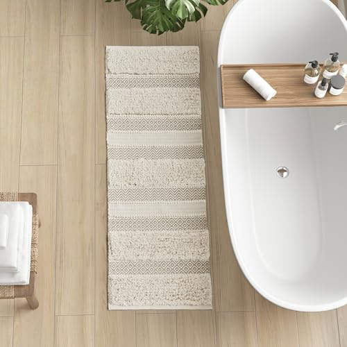 Ink+Ivy Bath Rug Hand-Woven Texture Shaggy Striped Soft & Water Absorbent, Boho Bathroom Décor Bath-Mats, Non-Slip Absorbent Quick Dry Mats for Tub, Shower Room, Asher, 22x58 Natural