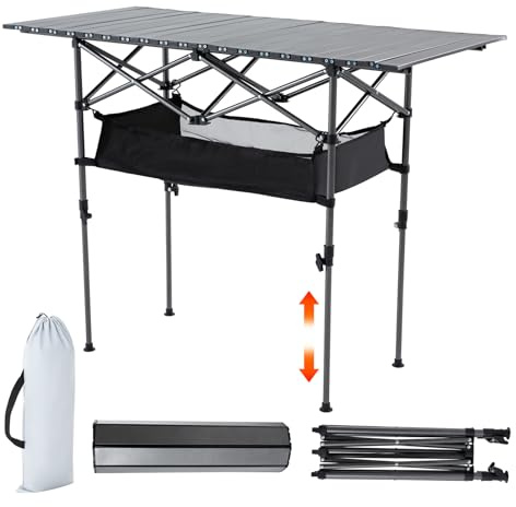 Campingtisch klappbar, Klapptisch Camping Tisch für 4-6 Personen Outdoor Faltbar Gartentisch mit Netzablage Aufbewahrungstasche Höhenverstellbarer Falttisch mit aufrollbarer Tischplatte & Tragetasche