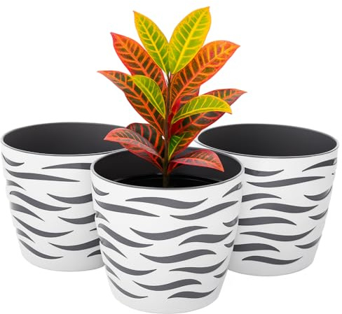Home Garden Ornaments Plant Pots Indoor, Set of 3 Decorative Flower Pots with Removable Insert, Modern Mix and Match Design (14cm, Dark Grey/White)