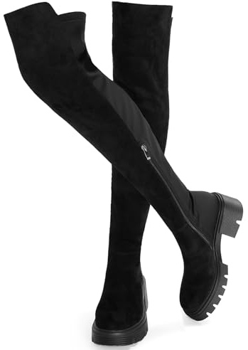 ErikenUrben Donna Nero Coscia Stivali Suede sopra Il Ginocchio Stivali Platform Tacco Largo Stivali Stretch al Ginocchio Lungo Stivali Zip Numero 42