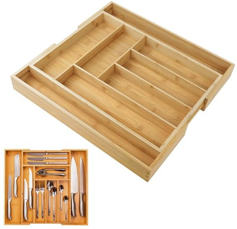 Bowose Bambus-Besteckkasten fur Schubladen, mit 8 Fächern, ausziehbar von 32cm bis 52cm für die meisten Schubladen, Mehrzweck-Holzbesteckkasten für Löffel, Gabeln, Messer, Werkzeuge
