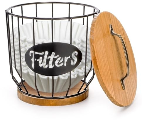 yarlung Coffee Filters Holder with Lid, Large Capacity Coffee Pods Holder with Rustic Wooden Base, Black Wire K Cup Storage Basket for Kitchen Countertop, Cafe Bar Organizer