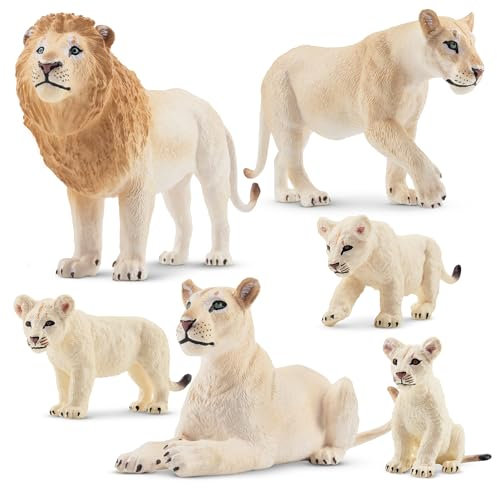 TOYMANY 6 figuras de animales de león blanco con bebés de león, juguetes de plástico, zoológico, bosque, figuras de animales de la selva, accesorio educativo para tartas para jugar o como decoración