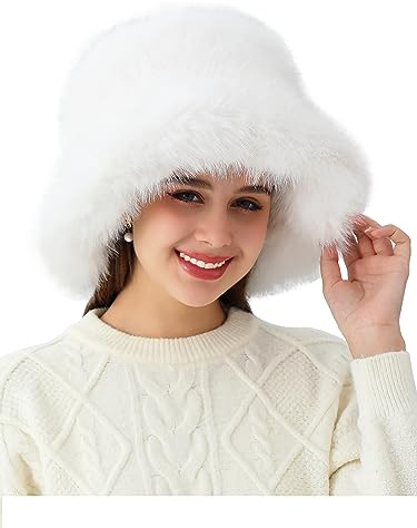 soul young Dam fuskpäls hink hatt fluffig vinter varm dam brett brätte fiskarhatt, Vitt, one size