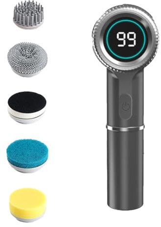 Lavapavimenti elettrica con 5 testine, Spazzola per Pulizia Rotante, Spazzola per Pulizia elettrica, 3 modalità con Display LED, Spazzola per Giunti Power Spin Scrubber Portatile Gray