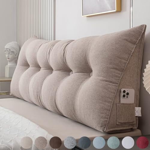 Rückenkissen Bett Brown 180cm, Leinen Rückenlehne Kissen, Keilkissen Bett kopfteil, Waschbar Abnehmbar Lesekissen für Bett und Sofa, Rückenstützkissen Lendenkissen mit Seitentasche