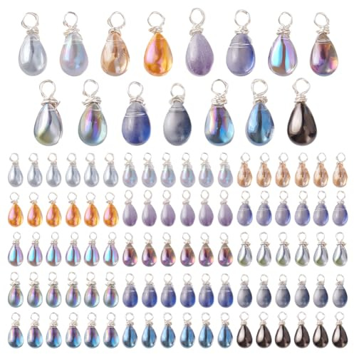 PH PandaHall 120 stycken kristallhängen 15 färger droppar hänge 14 mm transparent glashängare lindad med silvertråd för smyckestillverkning