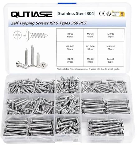 QUTIASE Lot de 360 Vis à Bois Autotaraudeuses Universelles, Vis à Bois Inox Tête Fraisée Cruciforme, M3 M3,5 M4 Filetage Complet, 16/20/25/30/40 mm en Acier Inoxydable 304