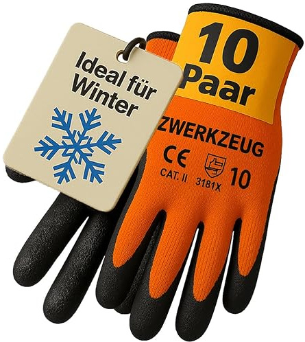 ZWERKZEUG 10 Paar Warme Arbeitshandschuhe für kalte Tage - Winter Bauhandschuhe mit Latex-Beschichtung - Thermo-arbeitshandschuhe Abriebfest - Herren Sicherheitshandschuhe (Thermo, 8-M)