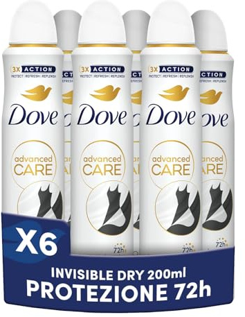 Dove Advanced Care Invisible Dry Deodorant Spray mit feuchtigkeitsspendender und hautfreundlicher Formel, Anti-Flecken-Formel, trockene Haut bis zu 72 Stunden, Deodorant für Damen und Herren, 6 Stück