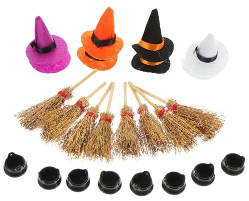HOMOCONO Halloween Miniature Witch Hats Boys and Girls Witch Hat Accessories for Women Wizard for Boys and Girls Tiny Broomstick Decor Mini Cauldron